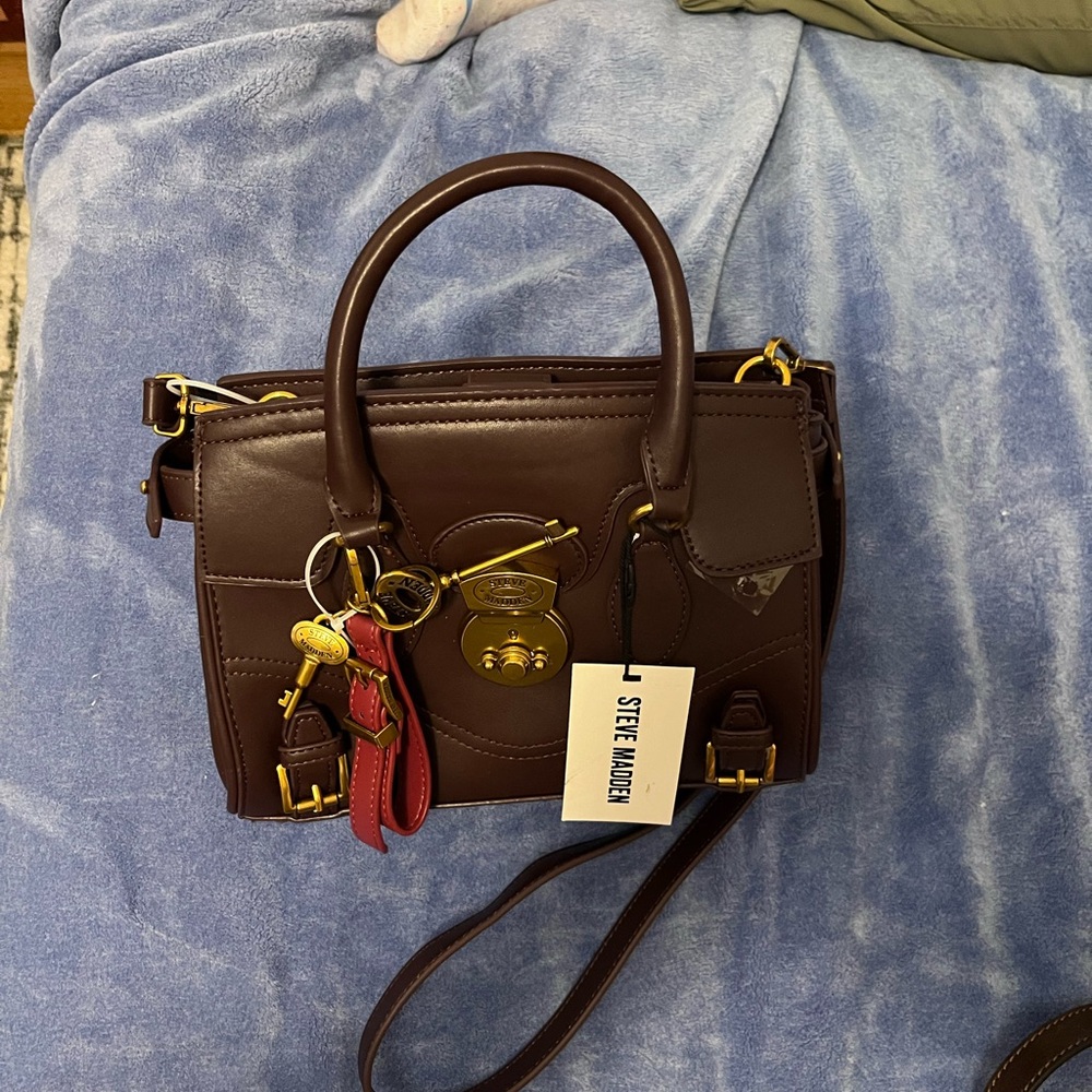 Burgundy Vegan Leather Handbag, Crossbody Satchel with Bronze Hardware new